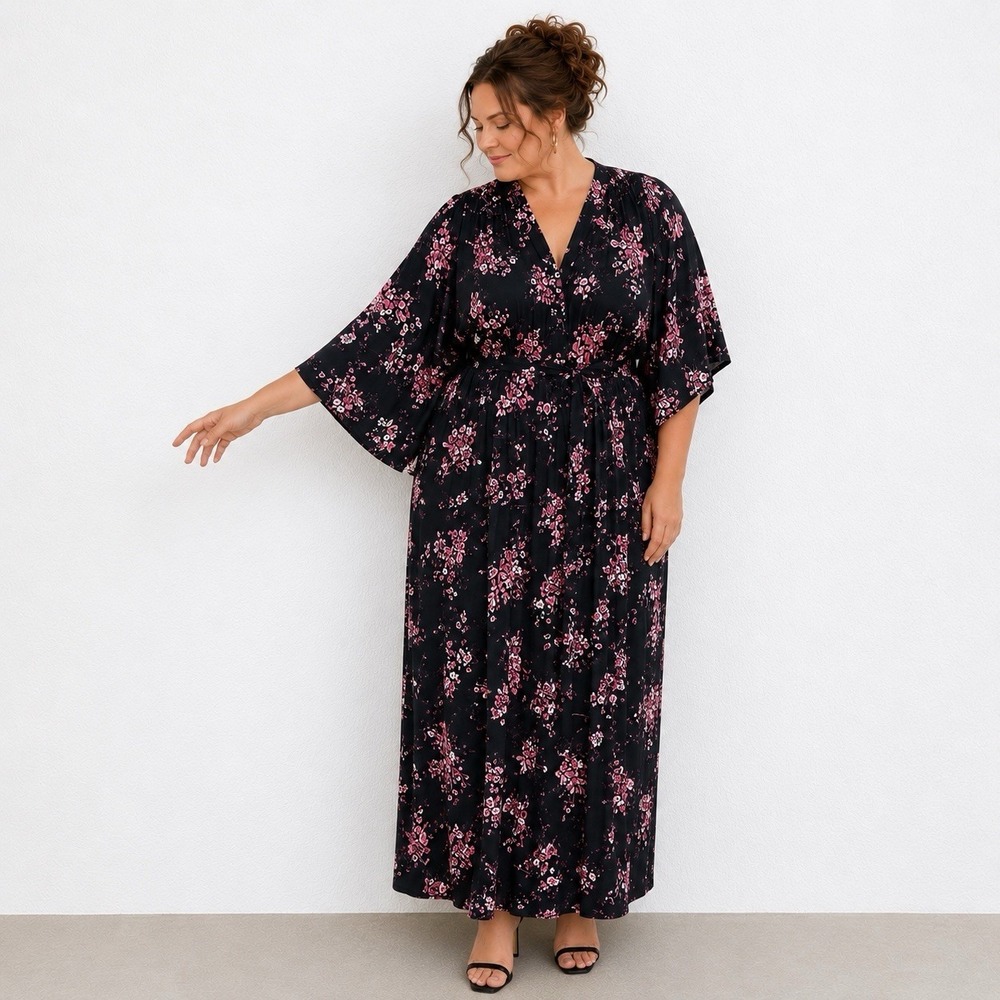 Cherry Blossom Print Dress Caftan Size 3X 26 28 Black Tie Back Whimsigoth - Picture 1 of 14